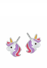 Kolczyki w kształcie jednorożca wykonane z metalu w srebrnym odcieniu, z fioletowymi, różowymi i żółtymi akcentami, charakteryzujące się błyszczącym wykończeniem i okrągłymi czarnymi oczami.
