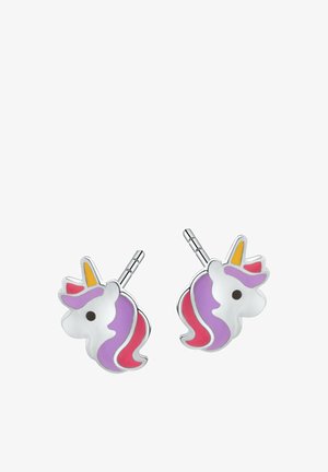 Kolczyki w kształcie jednorożca wykonane z metalu w srebrnym odcieniu, z fioletowymi, różowymi i żółtymi akcentami, charakteryzujące się błyszczącym wykończeniem i okrągłymi czarnymi oczami.