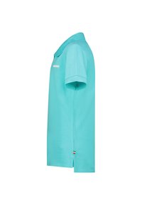 Polo shirt turchese in cotone. Presenta un colletto a due bottoni, maniche corte e spacchi laterali con un piccolo accento tricolore all'orlo.