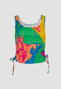 Top court sans manches avec un motif abstrait coloré en vert, bleu, jaune, rose et orange, doté de liens latéraux réglables et d'un col arrondi.