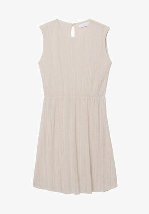 Robe beige sans manches avec fines rayures verticales, taille cintrée, col rond et fermeture au dos avec bouton et ouverture en forme de serrure.