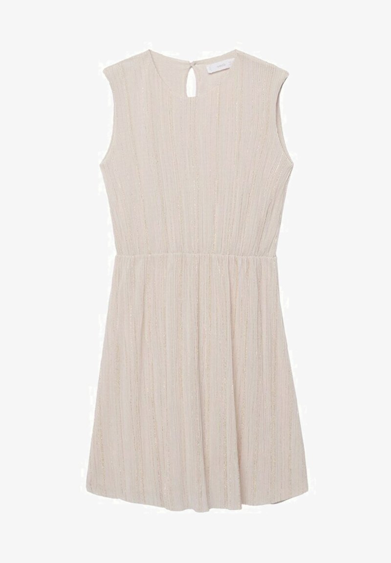 Robe beige sans manches avec fines rayures verticales, taille cintrée, col rond et fermeture au dos avec bouton et ouverture en forme de serrure.