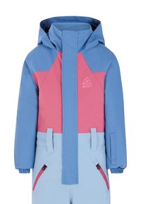 Chaqueta de esquí azul y rosa con capucha, que presenta un cierre de cremallera, puños elásticos y dos bolsillos frontales con cremalleras. Fabricada con material impermeable.