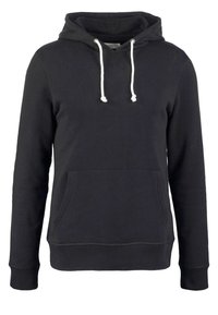 Sudadera negra de manga larga con cordones blancos y bolsillo canguro, que presenta puños y dobladillo acanalados.