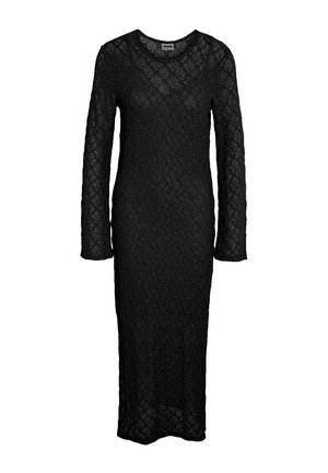 Schwarzes Spitzenkleid mit langen Ärmeln und taillierter Silhouette, das ein strukturiertes Blumenmuster und einen Rundhalsausschnitt aufweist.