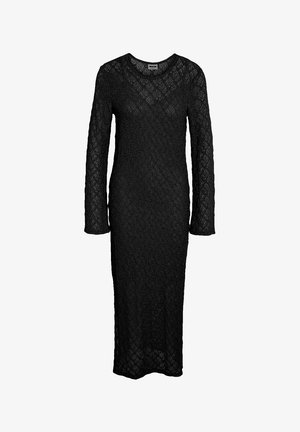 Schwarzes Spitzenkleid mit langen Ärmeln und taillierter Silhouette, das ein strukturiertes Blumenmuster und einen Rundhalsausschnitt aufweist.