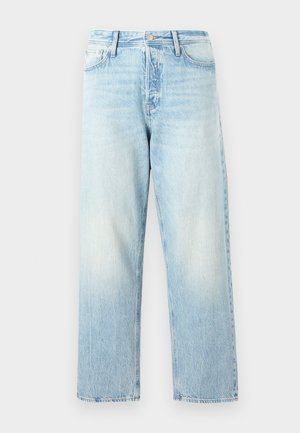 Heledad sinise denim teksad sirge jala kujundusega, kulunud viimistluse ja nähtava õmblusega. Omab klassikalist nööbi ja tõmbluku sulgemist.