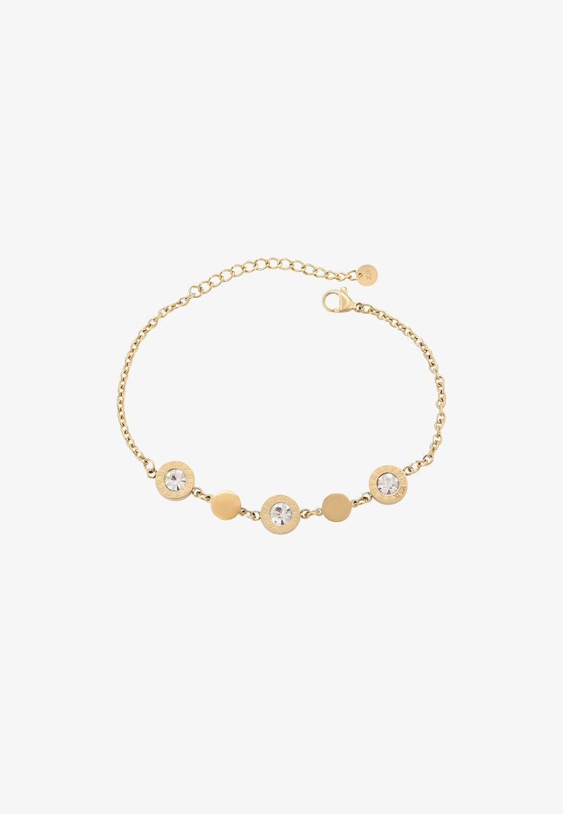 Zlatý náramek z řetízku se střídajícími se kulatými zlatými diskami a průhlednými drahokamy. Nastavitelná spona s logem. Hladký povrch, jemný design.