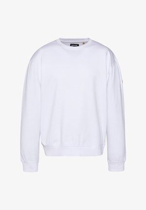 Felpa bianca a manica lunga con collo rotondo, realizzata in tessuto morbido, con polsini e vita a costine. Design minimalista senza motivi visibili.