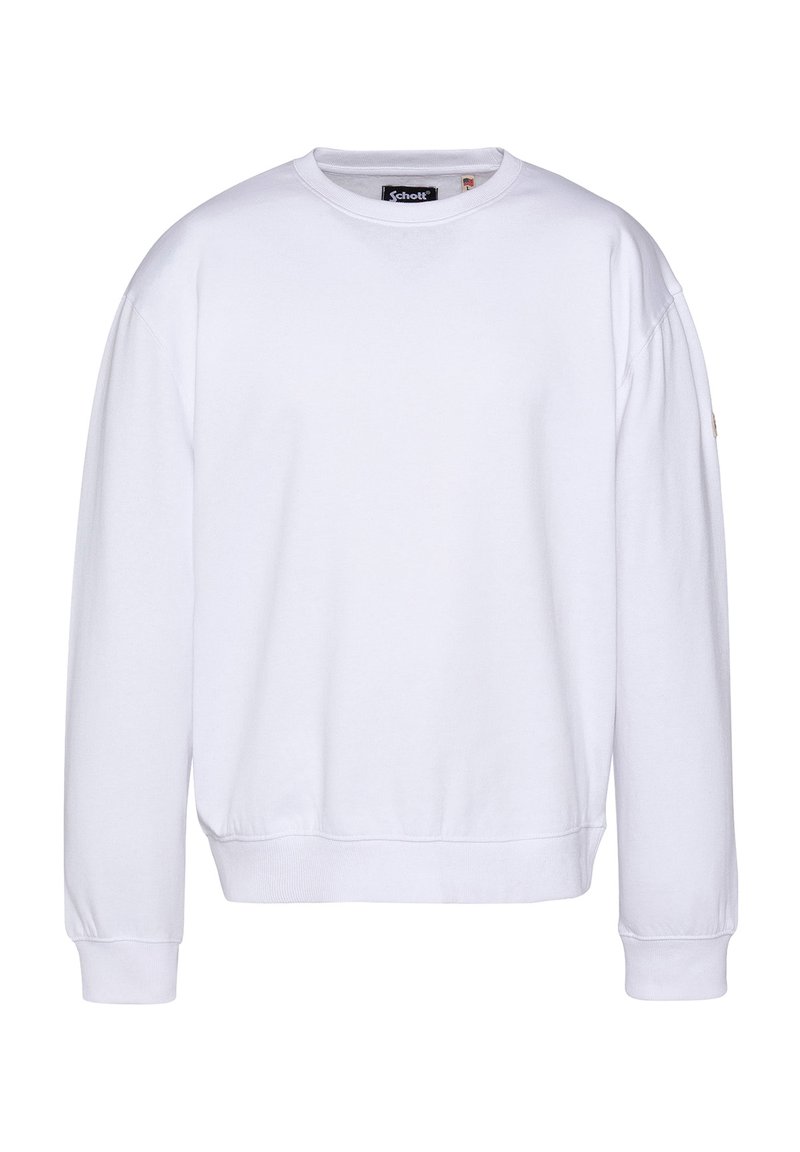Biały sweter crewneck z miękkiego materiału, z długimi rękawami, ściągaczami na rękawach i pasie. Minimalistyczny design bez widocznych wzorów.
