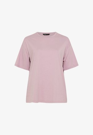 Hellviolettes, übergroßes Kurzarm-T-Shirt aus Baumwolle mit Rundhalsausschnitt und Markenetikett auf der Rückseite des Innenkragens.