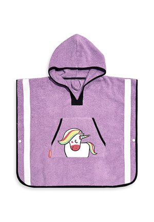 Poncho toalla con capucha morado con ribete negro, rayas blancas en los lados y un gráfico colorido de unicornio en el bolsillo frontal.