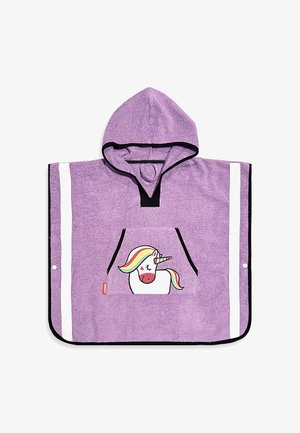 Poncho serviette à capuche violet avec bordure noire, rayures blanches sur les côtés et un motif licorne coloré sur la poche avant.