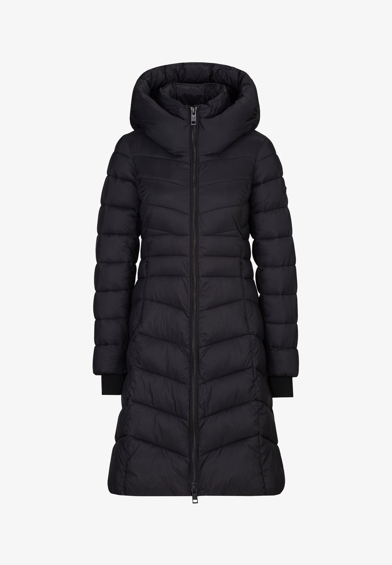 Schwarze Daunenjacke mit hohem Kragen und Kapuze. Sie verfügt über diagonale Steppmuster, einen Frontreißverschluss und einfarbige schwarze Bündchen.