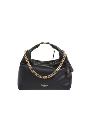 Zwarte neplederen tas met een gouden kettingriem, ritsluiting en een kwastaccent. Voorzien van een logo aan de voorkant en een zachte, ronde vorm.