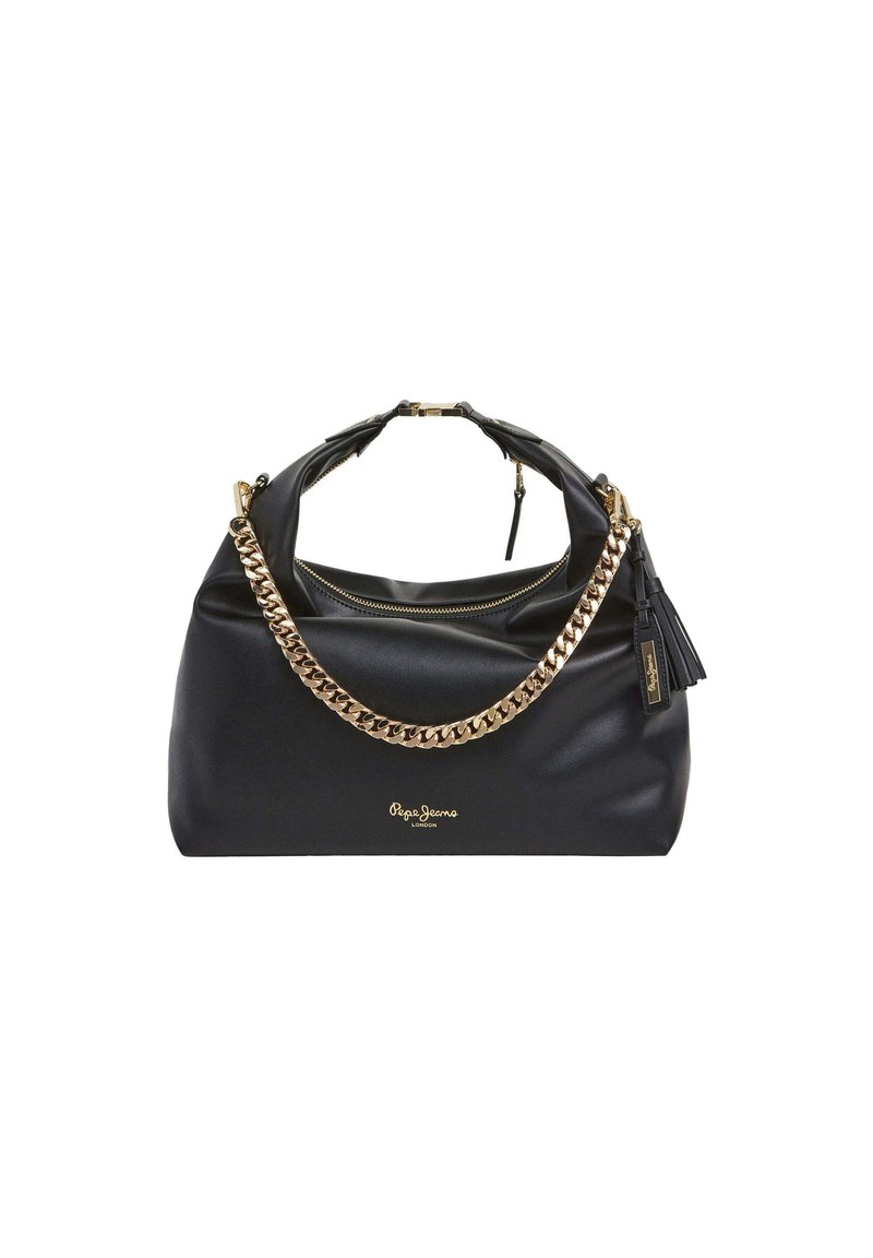 Zwarte neplederen tas met een gouden kettingriem, ritsluiting en een kwastaccent. Voorzien van een logo aan de voorkant en een zachte, ronde vorm.
