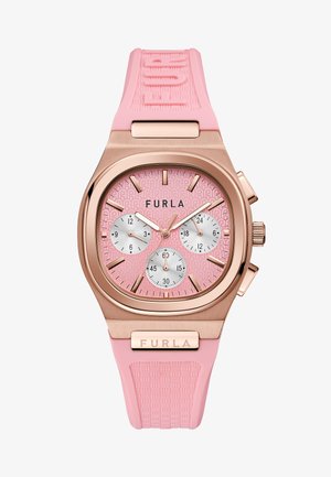Furla ura z rožnatim zlatajškim ohišjem, roza teksturiranim številčnico, tremi podštevilkami in roza gumijastim paščkom z geometrijskim vzorcem.