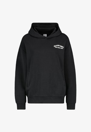 Black hoodie made of cotton blend featuring a front pocket, ribbed cuffs, and a graphic text print on the chest in white.