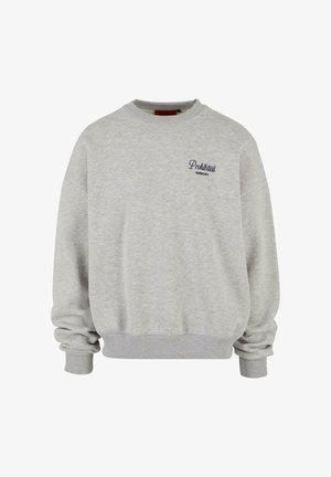 Grå bomulds sweatshirt med klassisk rund hals, løs pasform, ribbede manchetter og et broderet "Forbudte beklædningsgenstande" logo på brystet.
