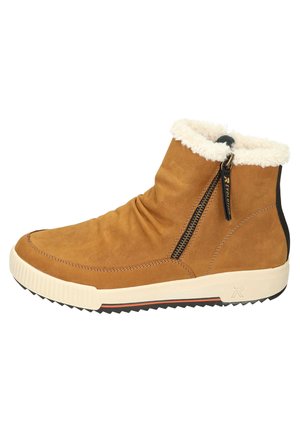 Brown suede ankle boot with faux fur collar and side zipper. Cream midsole with textured black rubber outsole, featuring a red accent line.