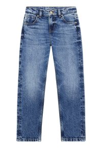 Vaqueros de mezclilla azul con un acabado desgastado, corte recto, diseño de cinco bolsillos y herrajes metálicos en el cierre y los bolsillos.