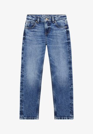 Blå denim jeans med en slidt finish, lige ben, fem lomme design og metalhardware på lukningen og lommerne.