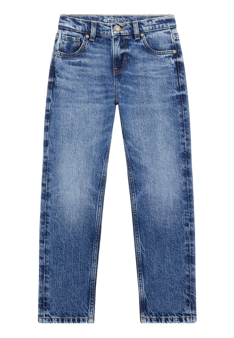 Vaqueros de mezclilla azul con un acabado desgastado, corte recto, diseño de cinco bolsillos y herrajes metálicos en el cierre y los bolsillos.