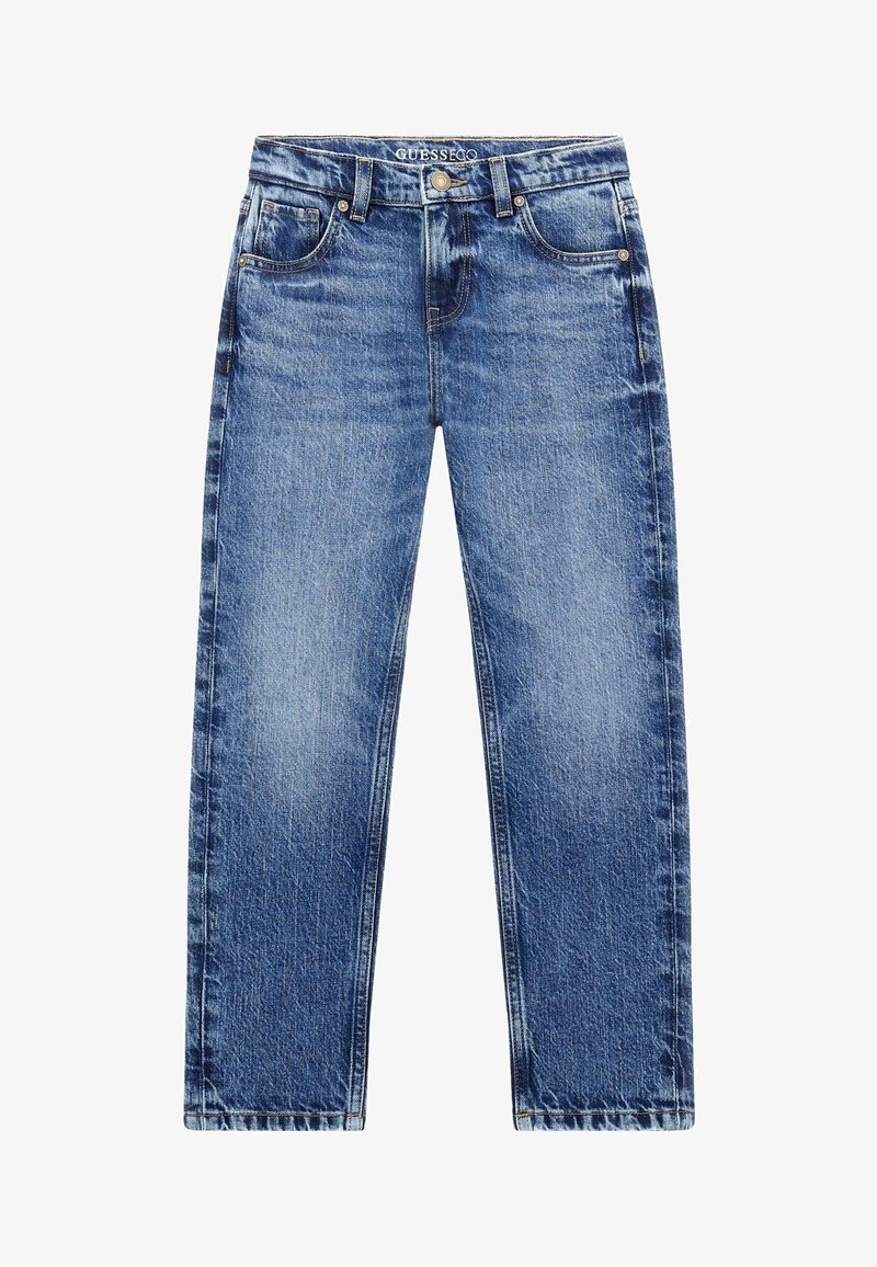 Vaqueros de mezclilla azul con un acabado desgastado, corte recto, diseño de cinco bolsillos y herrajes metálicos en el cierre y los bolsillos.