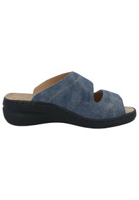 Blue leather slide sandal with open toe and crisscross design. Features a cushioned insole and a black wedge sole. Textured material.