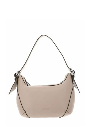 Borsa a mano in pelle beige con forma curvata, dettagli neri lungo i bordi e una sola tracolla regolabile. Presenta una chiusura a zip e il logo.
