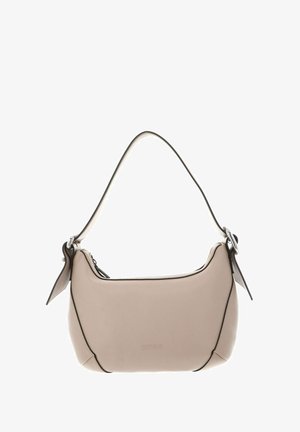Borsa a mano in pelle beige con forma curvata, dettagli neri lungo i bordi e una sola tracolla regolabile. Presenta una chiusura a zip e il logo.