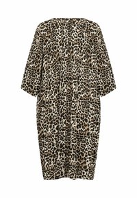 Haljina s leopard uzorkom i opuštenim krojem. Izrađena od mekog materijala, s rukavima do tri četvrtine, okruglim izrezom i dva bočna džepa.
