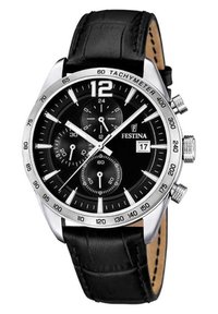 Orologio da uomo Festina con cassa in acciaio inossidabile, quadrante nero, dettagli argentati, sottoquadranti cronografo e cinturino in pelle nera.