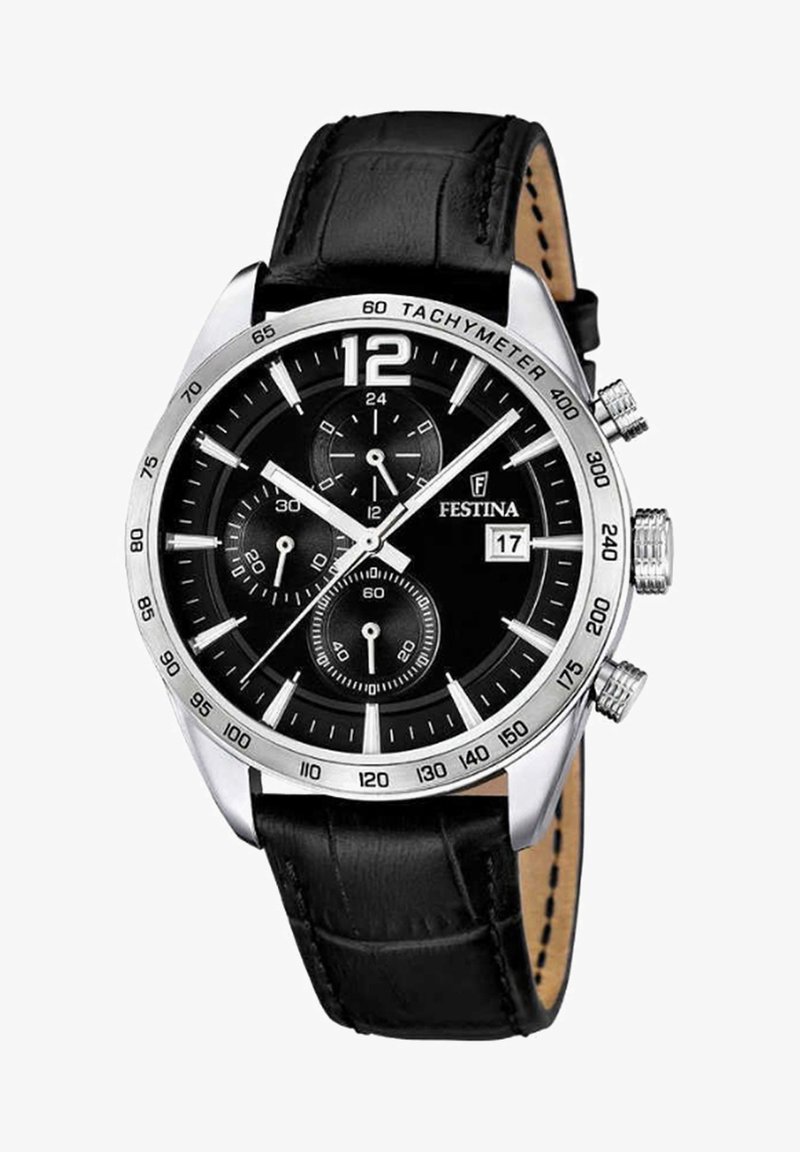 Reloj de hombre de Festina con caja de acero inoxidable, esfera negra, acentos plateados, subesferas de cronógrafo y correa de piel negra.