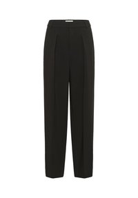 Schwarze taillierte Hochbundhose mit Gürtelschlaufen, Seitentaschen und einem Vorderfalten an jedem Bein, auf einem weißen Hintergrund präsentiert.