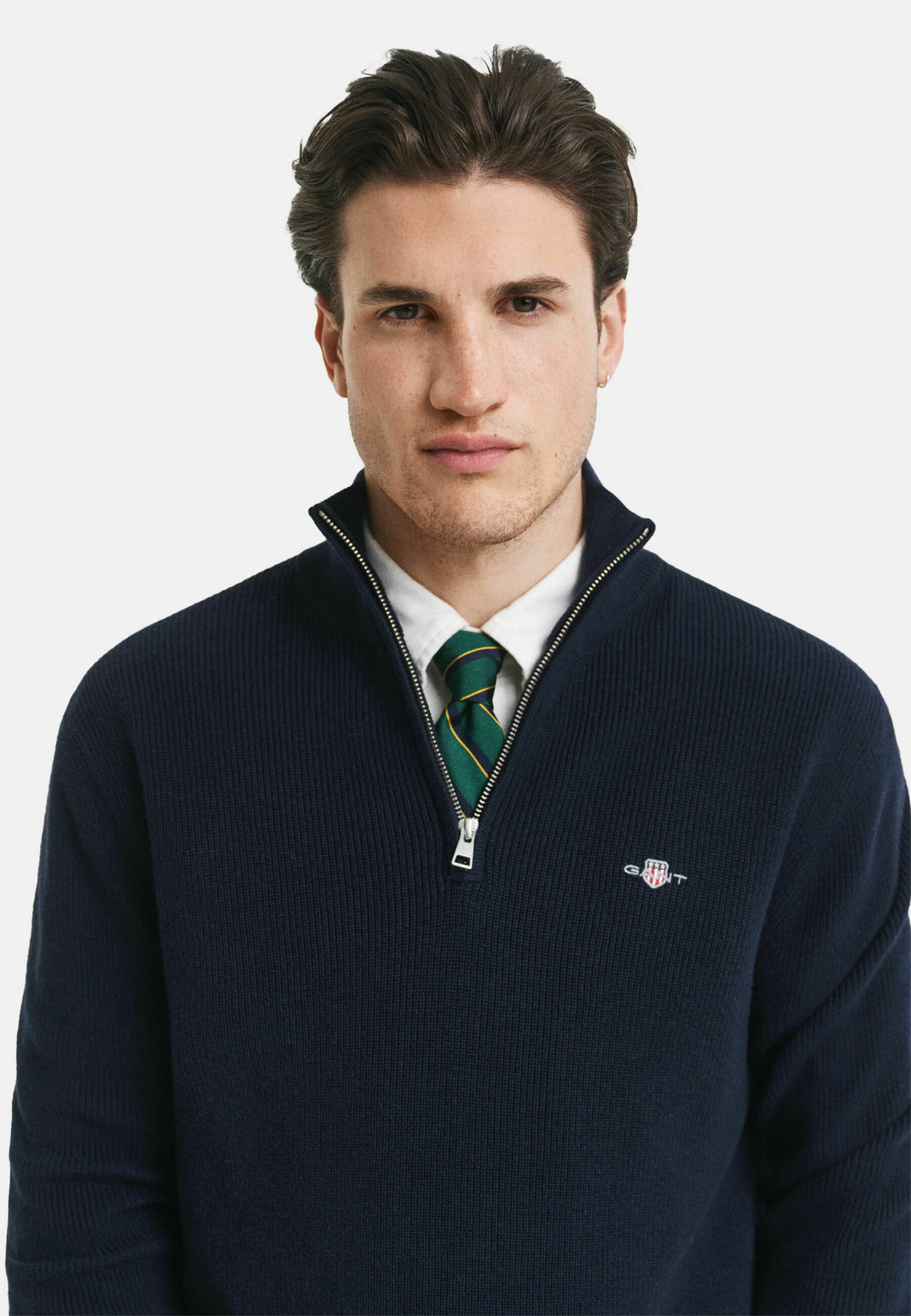 GANT Maglione Uomo Classic Cotton Halfzip – Blu Jeans Scuro Melange, Vestibilità Regolare, Mezza Zip, Ricamo Sul Petto, Taglia XXL