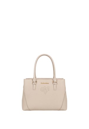 Beige leather handbag with two handles, gold logo plaque, and perforated heart design with letters on the front center.