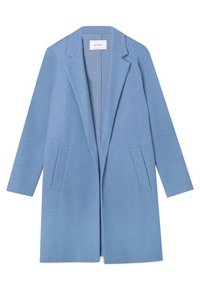 Světle modrý kabát z vlněné směsi s klopovým límcem, dlouhými rukávy, otevřeným předním dílem a dvěma předními kapsami. Minimalistický design bez zapínání.
