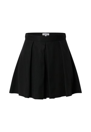 Schwarzer plissierter Rock aus einem glatten Stoff mit einem taillierten Bund. Midi-Länge, ausgestattet mit sauberen, scharfen Falten für zusätzliches Volumen.