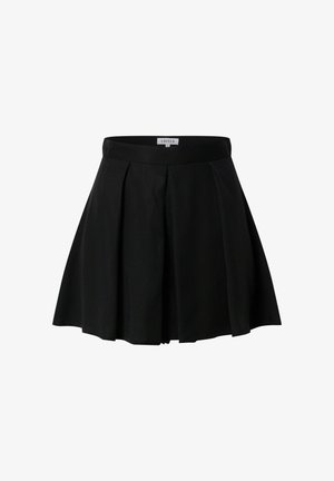 Black pleated skirt made of a smooth fabric with a fitted waistband. Mid-thigh length, featuring neat, sharp pleats for added volume.