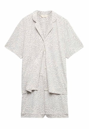 Short-sleeve button-up shirt and shorts set with light gray leopard print pattern on white background.
