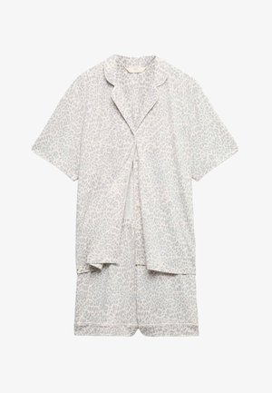 Short-sleeve button-up shirt and shorts set with light gray leopard print pattern on white background.