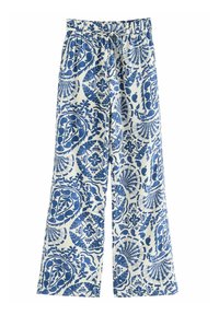 Valkoiset leveälahkeiset housut, joissa on sinisiä kukka- ja geometrisia kuvioita, joustava vyötärönauha ja edessä solmittava nauha.