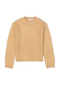 Hellbeige gestrickter Pullover mit rundem Halsausschnitt, langen Ärmeln sowie gerippten Bündchen und Saum. Strukturierten Stoff mit lockerer Passform.