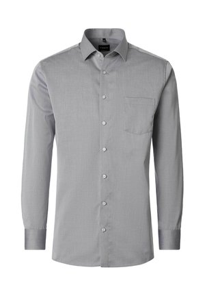 Light grey long-sleeve men's dress shirt with buttons down the front and a single chest pocket on the left side.