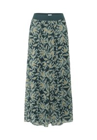 Lang, let flydende nederdel i mørkegrøn stof, med et blomstermønster i beige og gul. Elastisk talje for komfort. Glat tekstur.