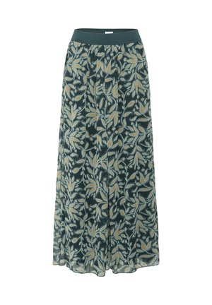 Lange, vloeiende rok van donkergroene stof, met een bloemenpatroon in beige en geel. Elastische tailleband voor comfort. Zachte textuur.