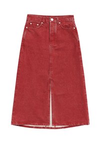 Rode denimrok met een voorste split, vijf zakken en een knoopsluiting. Heeft een hoge taille en een rechte pasvorm.