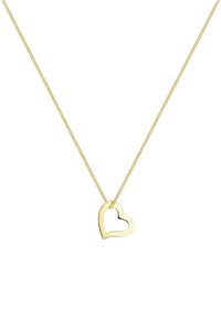 Goldfarbener Herzanhänger mit offenem Zentrum, aufgehängt an einer zarten Kette. Einfaches Design mit glatter Oberfläche.