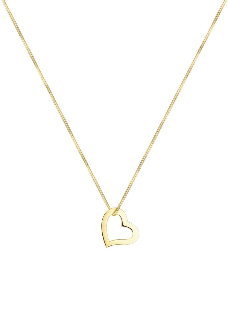 Goldfarbener Herzanhänger mit offenem Zentrum, aufgehängt an einer zarten Kette. Einfaches Design mit glatter Oberfläche.